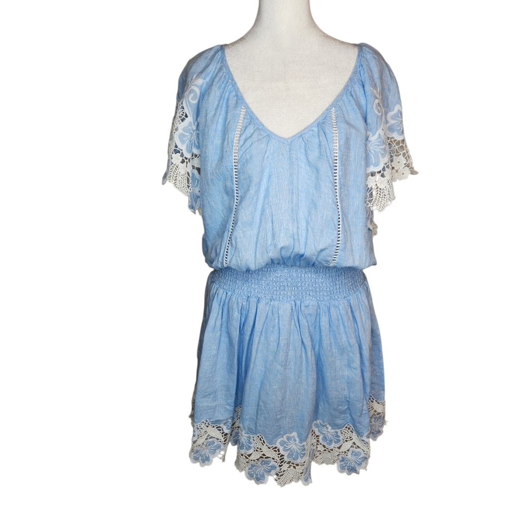Ramy Brook Ryan Dress Lace Trim Chambray Linen Blue Size Large